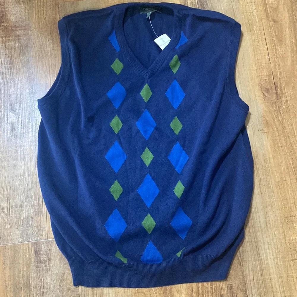 Lyle & Scott Scotland navy blue & green argyle sweater vest size Medium